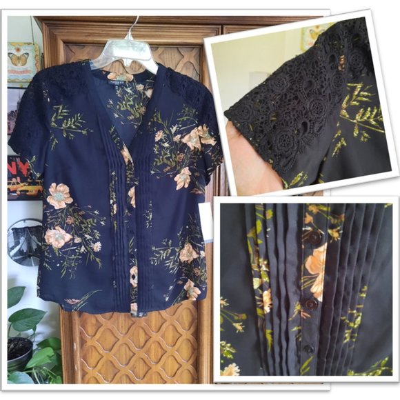 HANNAH Floral Crochet-Lace Pintuck Buttondown Blouse- NWT, Size PS - Picture 1 of 16